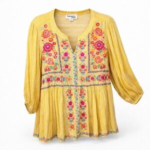 Savanna Jane Yellow Embroidered Floral Striped Peasant Tunic Top Size 2X
